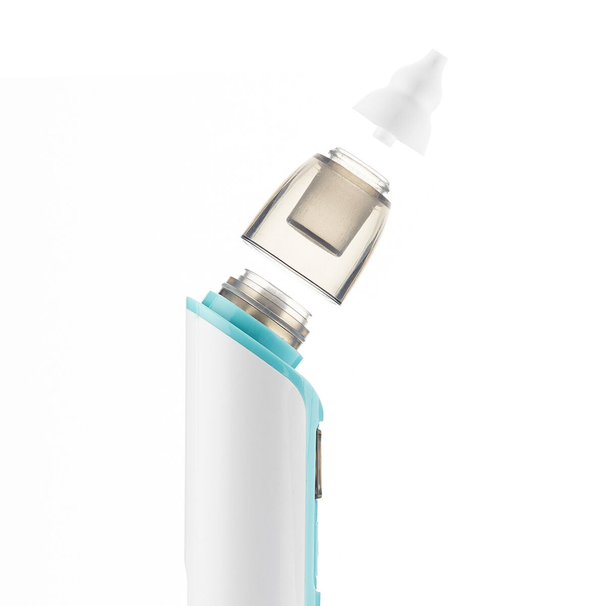 Aspirador nasal desmontado: boquilla de silicona, depósito y cuerpo