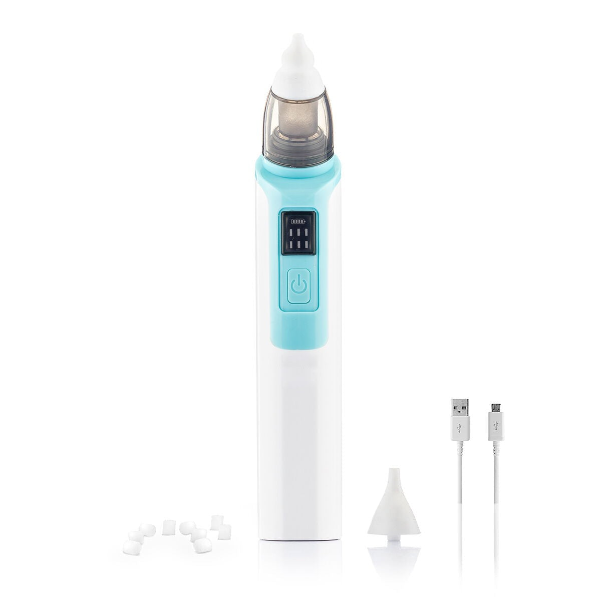 Kit completo: aspirador nasal, boquillas de silicona, cable USB y filtros